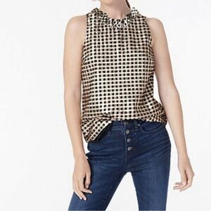 J. Crew Tank Top Ruffleneck Lurex® Crinkle Gingham Sleeveless Gold Black S
